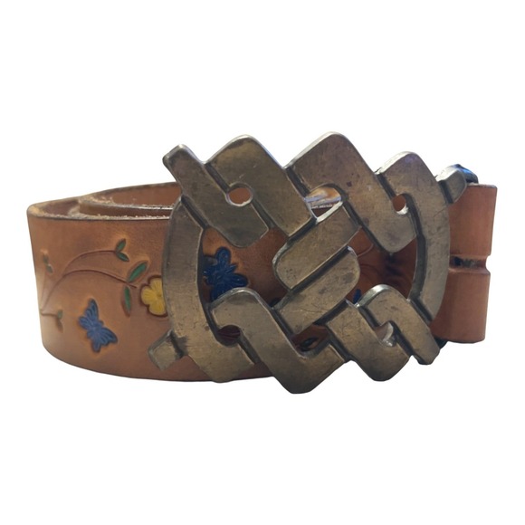RARE Leather belt celtic knot buckle embossed floral butterfly design
